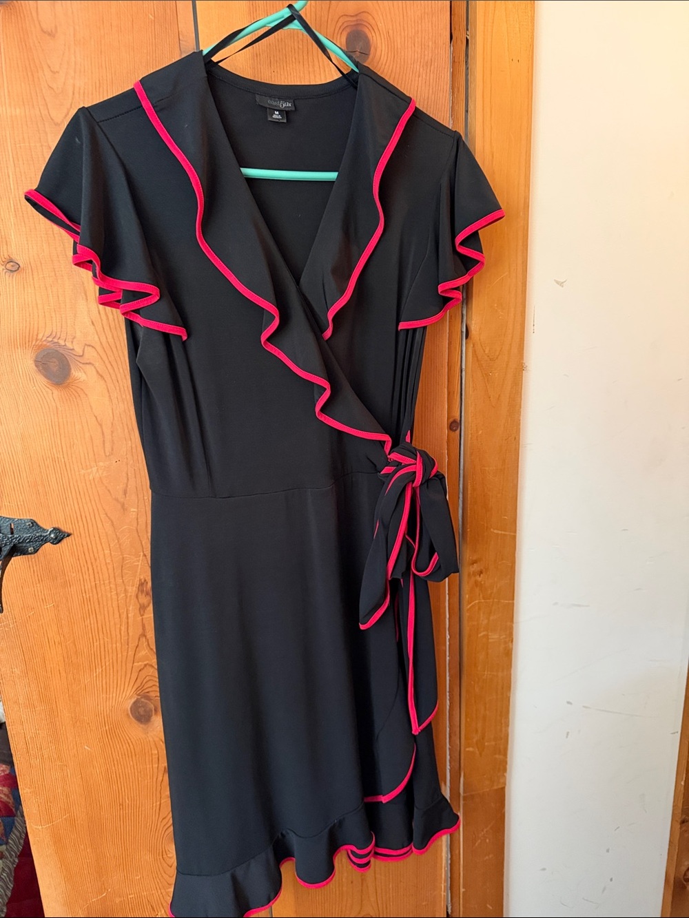 East 5th Black Midi Wrap Dress with Pink Trim
